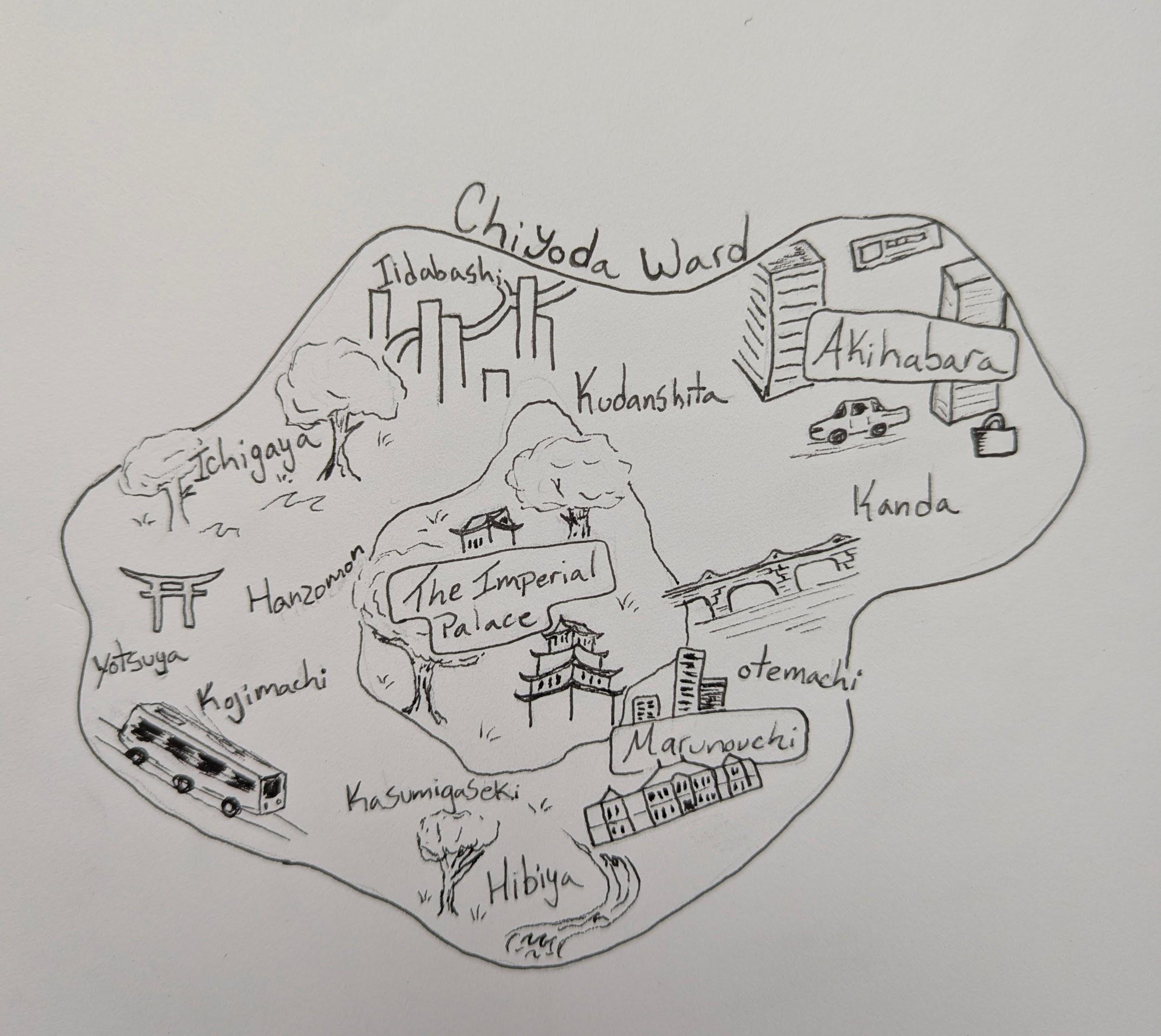 An illustrated map of Chiyoda Ward and the Imperial Palace
